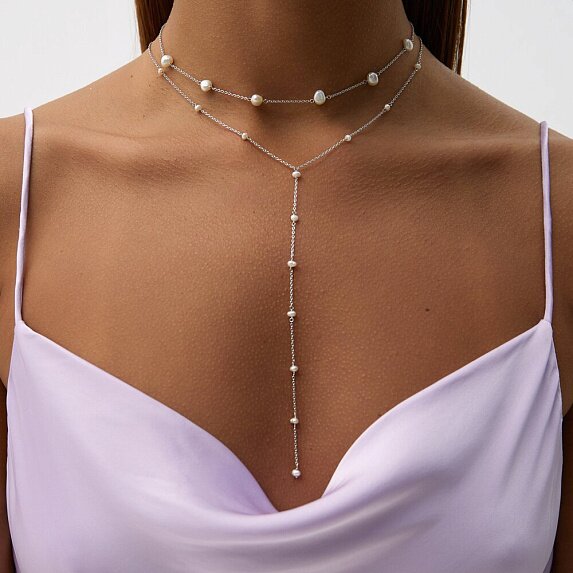 Серебряное колье-галстук с натуральным жемчугом Miestilo