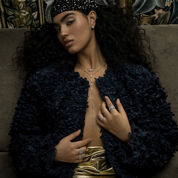Серебряное колье-галстук Midnight с фианитами в огранке Багет  Miestilo