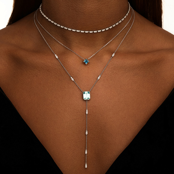 Серебряное колье-галстук Midnight с голубым фианитом в огранке Эмеральд Miestilo
