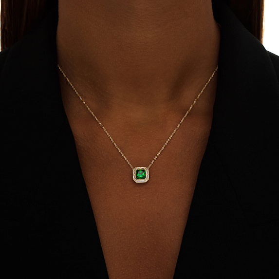 Серебряное колье с зеленым фианитом в покрытии желтое золото Miestilo