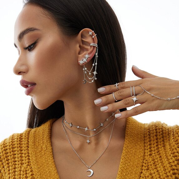 Серебряный кафф с цепями, луной и фианитами Miestilo