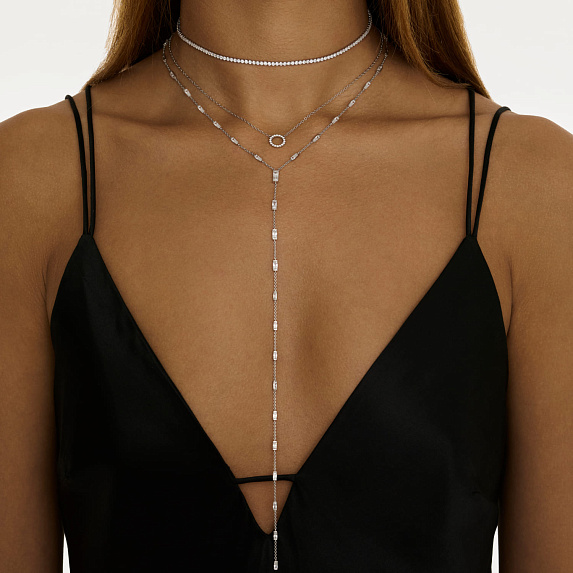 Серебряное колье-галстук Midnight с фианитами в огранке Багет  Miestilo