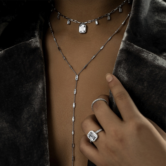 Серебряное колье-галстук Midnight с фианитами в огранке Багет  Miestilo