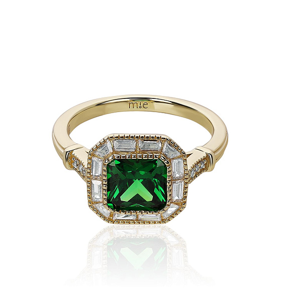 Серебряное кольцо с зеленым фианитом в покрытии желтое золото Miestilo