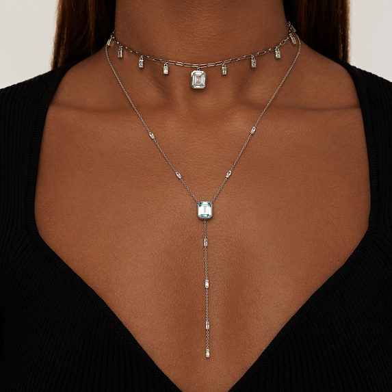 Серебряное колье-галстук Midnight с голубым фианитом в огранке Эмеральд Miestilo
