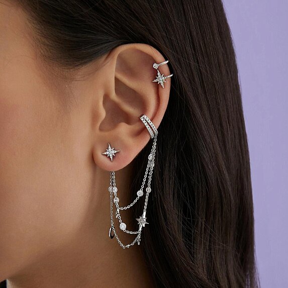 Серебряный кафф с цепями, луной и фианитами Miestilo