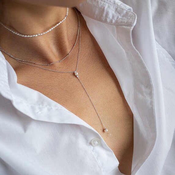 Серебряное колье-галстук с натуральным жемчугом Miestilo