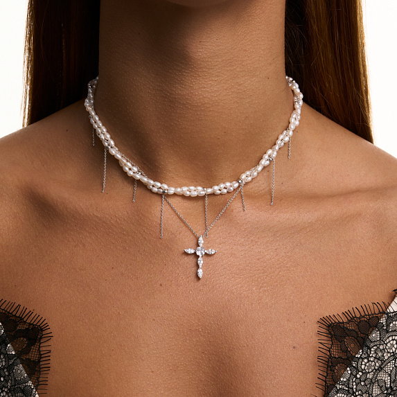 Серебряное колье с крестом GALATEA с натуральным жемчугом Miestilo