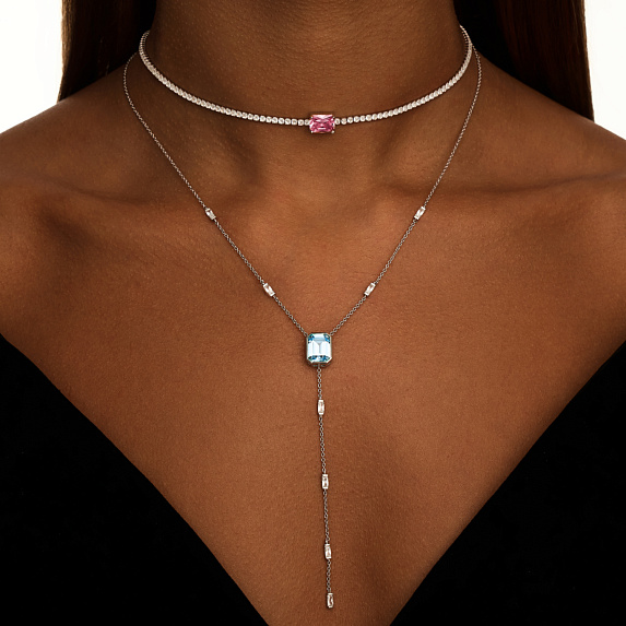Серебряное колье-галстук Midnight с голубым фианитом в огранке Эмеральд Miestilo